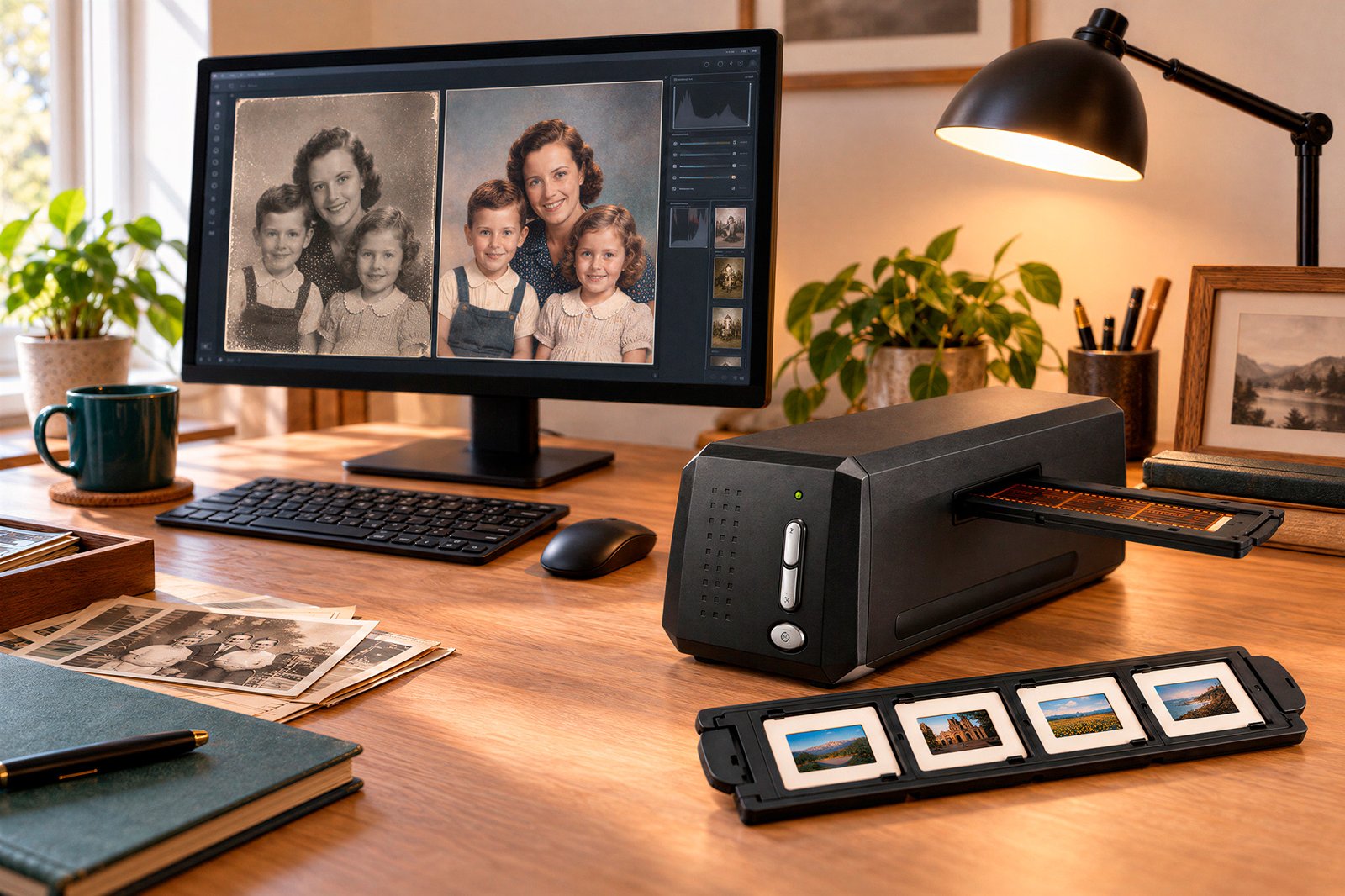Escáner fotográfico junto a tiras de negativos, diapositivas y fotografías en papel