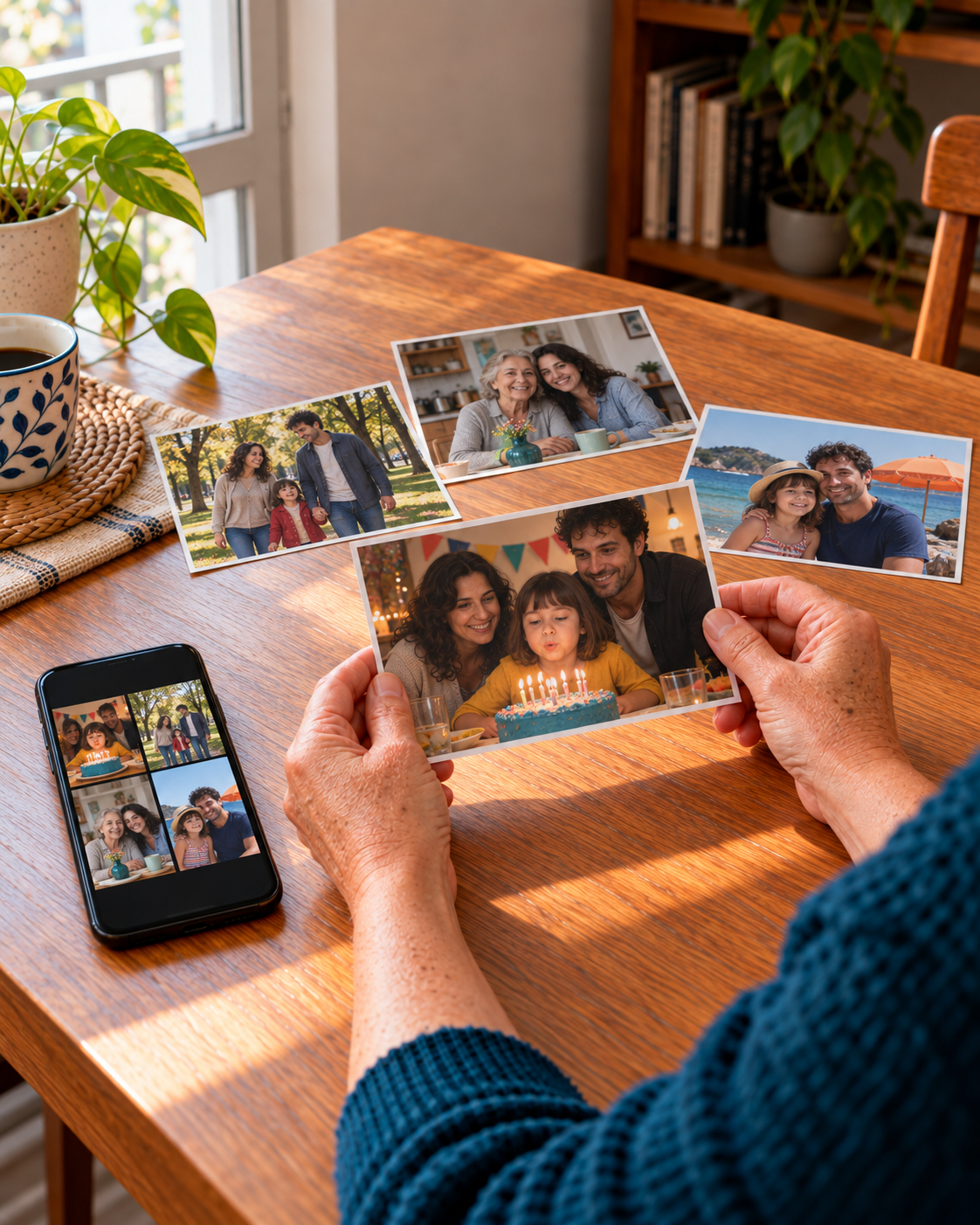 Fotografías familiares sobre una mesa y una copia sostenida entre las manos